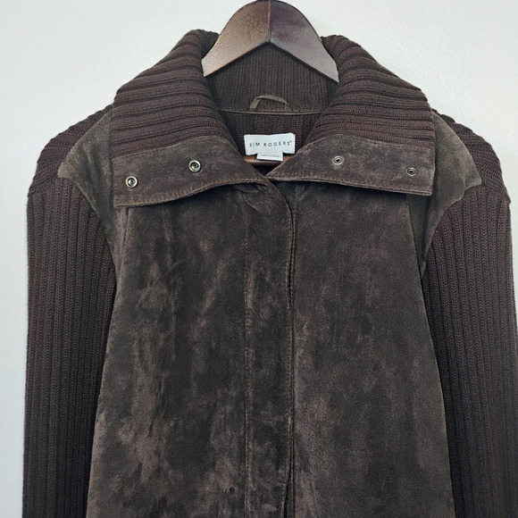 Kim Rogers Suede Leather Jacket Womens XL Brown Ribbed Knit Fisherman Preppy - Picture 4 of 14